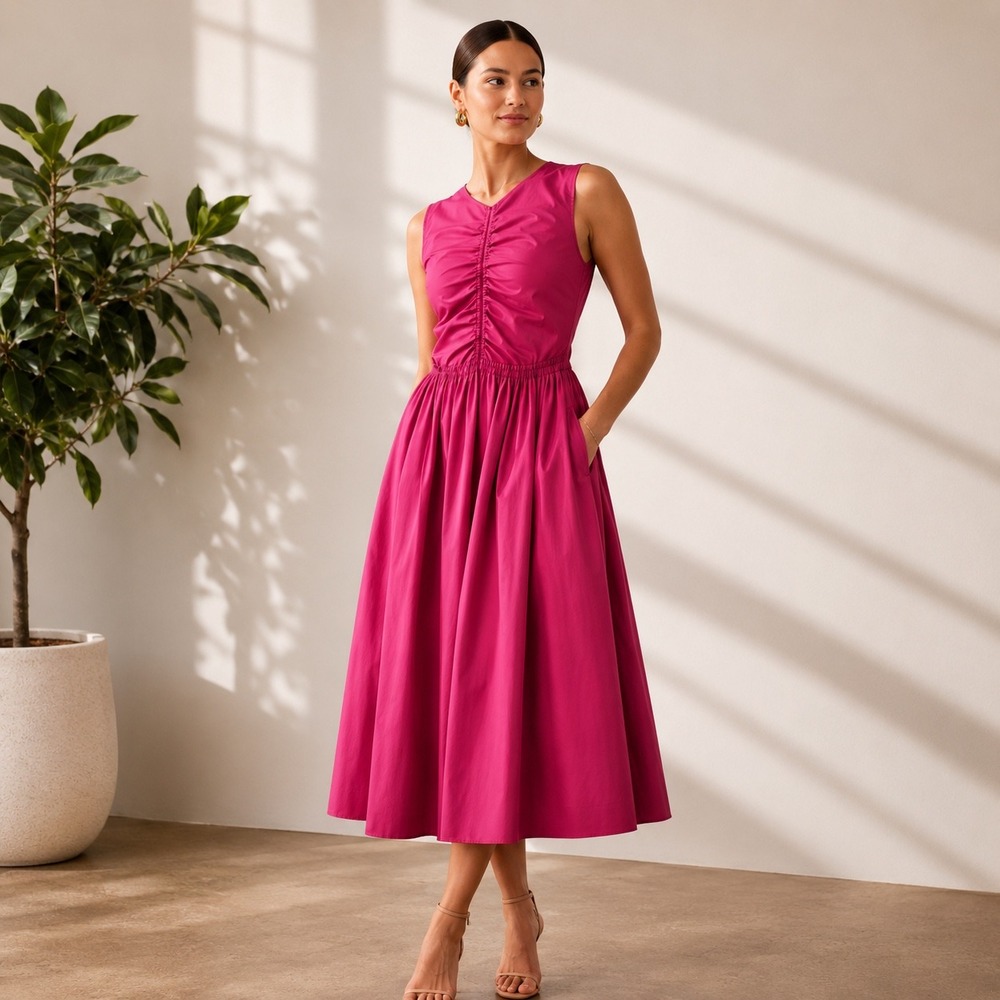 Ulla Johnson Magenta Ruched Resort Midi Dress Pockets Wedding Guest Size 4 Party